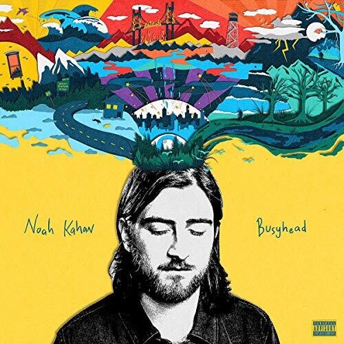 'Busyhea' album cover art featuring a colorfully illustrated scene with trees, mountains, and water, alongside a black and white photo of the artist, Noah Kahan, with his eyes closed.