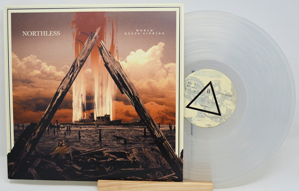 Front cover of Northless World Keeps Sinking album with clear vinyl record and dramatic artwork.