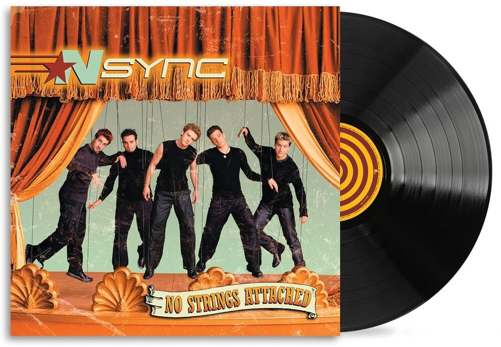 Vinyl record with 'N Sync album cover featuring band members and 'No Strings Attached' text.