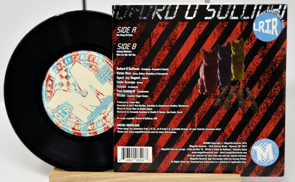 Vinyl record with a colorful label and black record on a white background