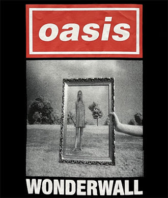 Poster featuring the Oasis logo in red and the Wonderwall artwork with a vintage photo frame