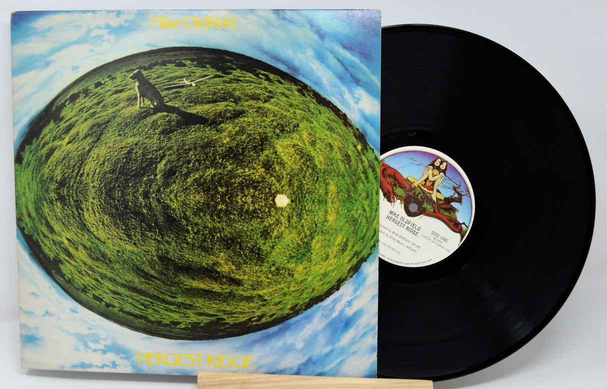 Vinyl record with a colorful cover featuring a landscape and a black record on a white background