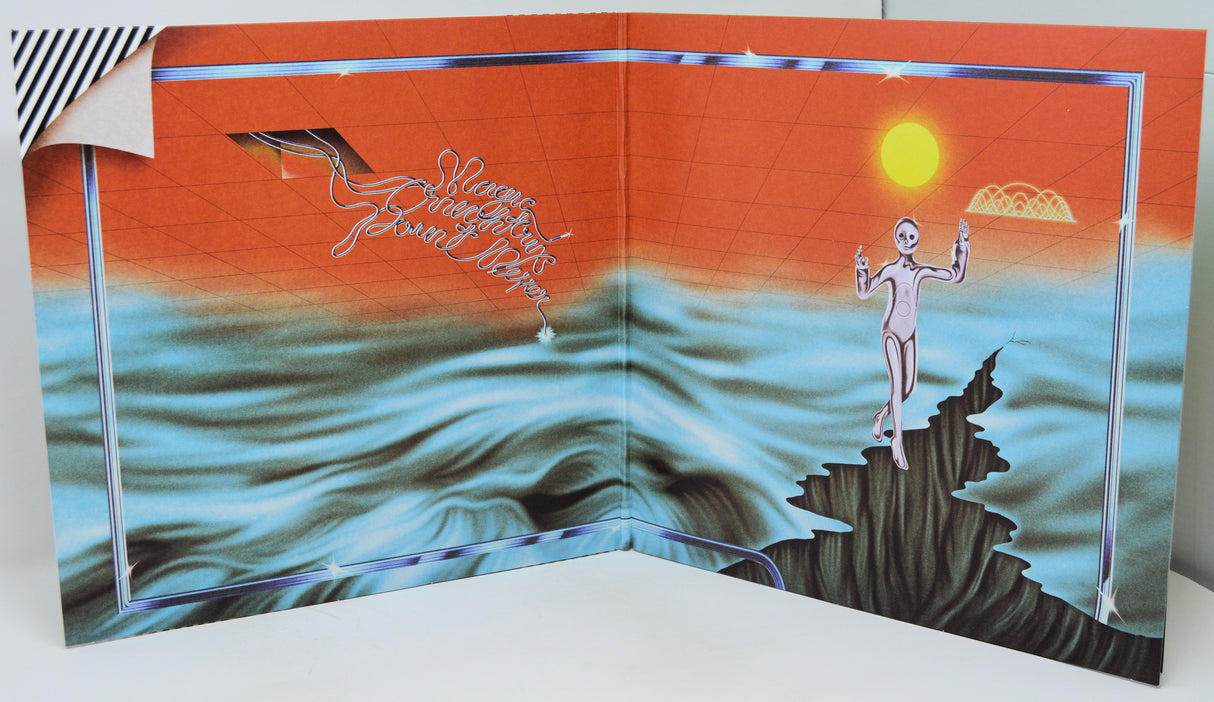 Greeting card with a person standing on a cliff over water and sunset design.
