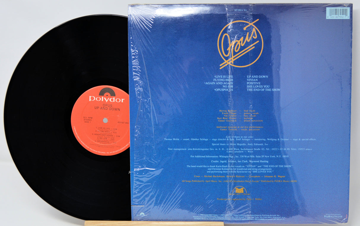Vinyl record with blue cover and red label on a white background