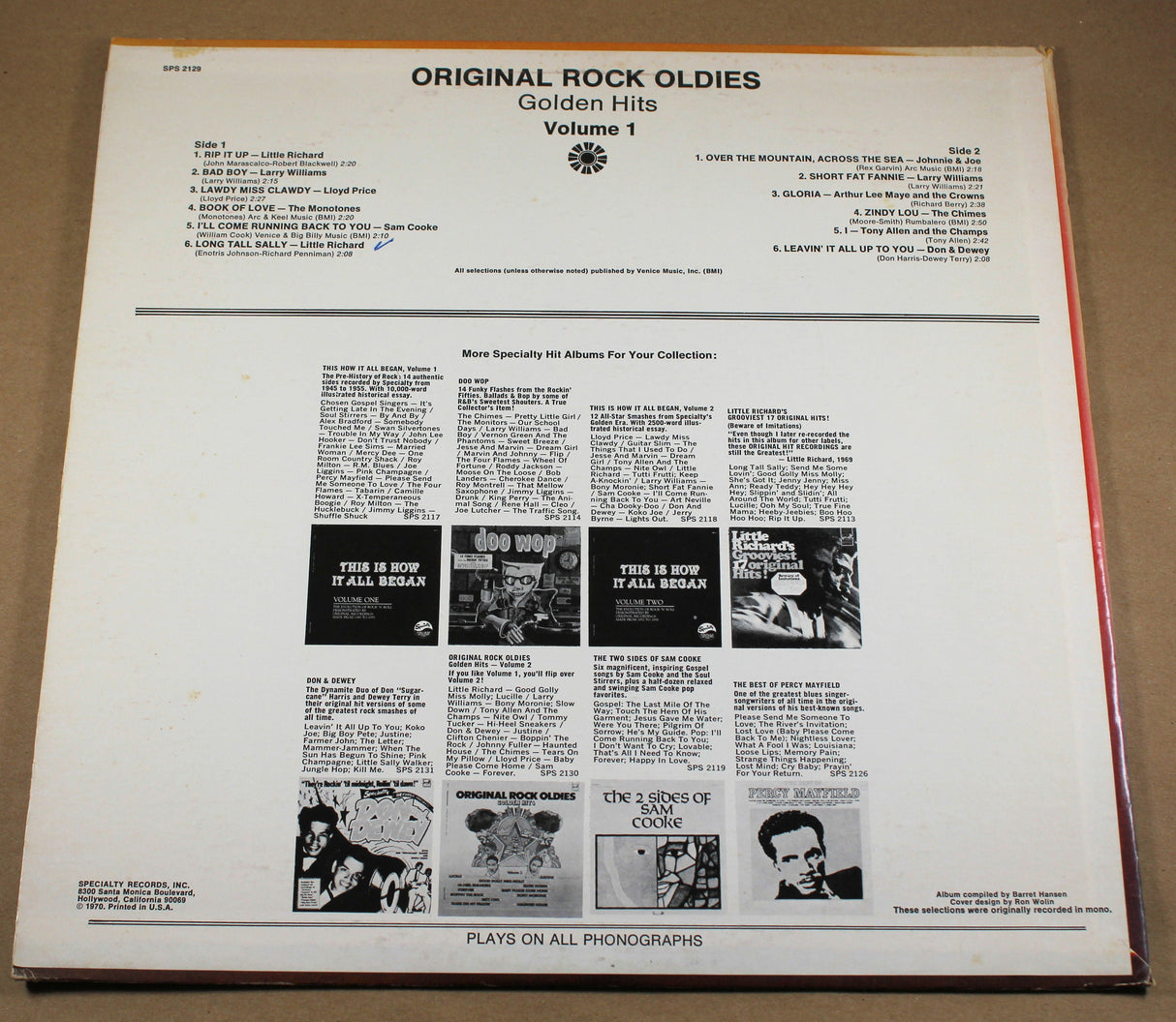 Back cover of Original Rock Oldies Golden Hits Vol. 1 LP showing tracklist and album details