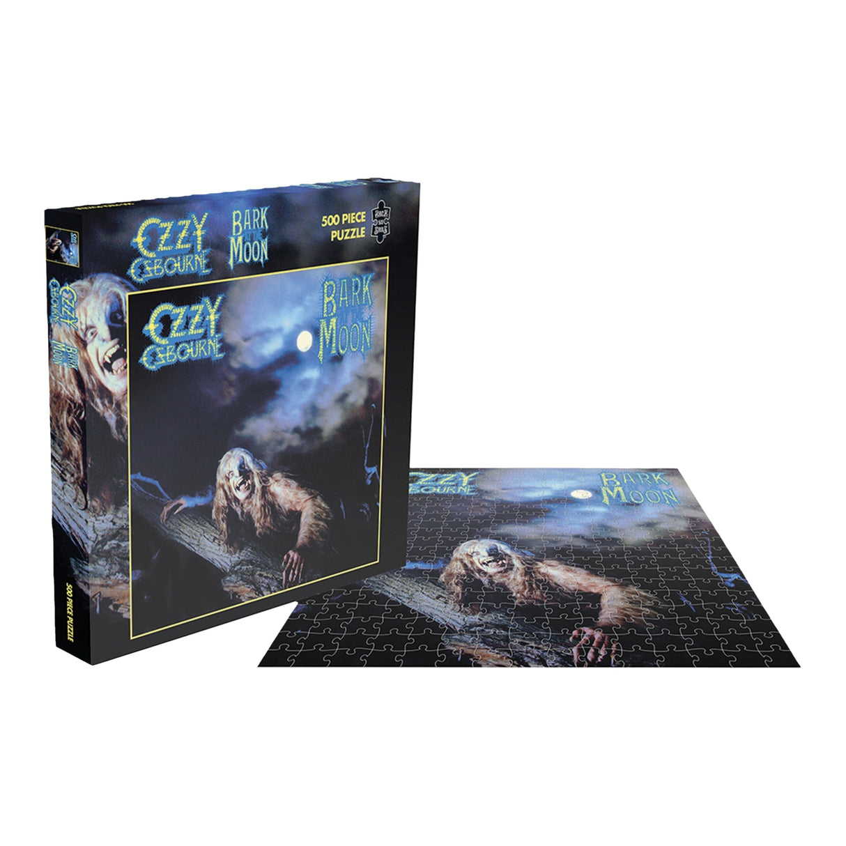 Ozzy Osbourne Bark at the Moon 500-piece jigsaw puzzle showing box and completed puzzle.