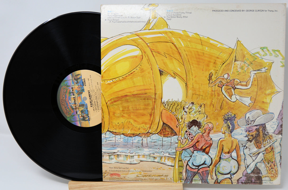 Back cover of Parliament's Motor Booty Affair LP with underwater themed artwork and vinyl record