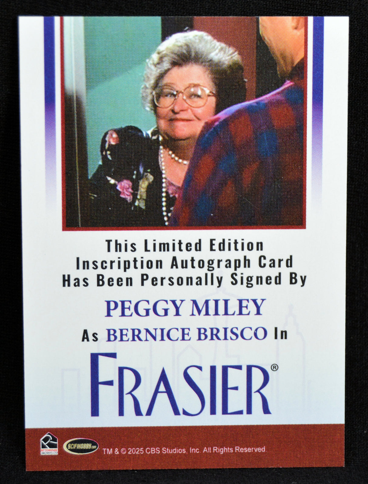 Trading card featuring Peggy Miley as Bernice Brisco from 'Frasier' with a signature and branding information.