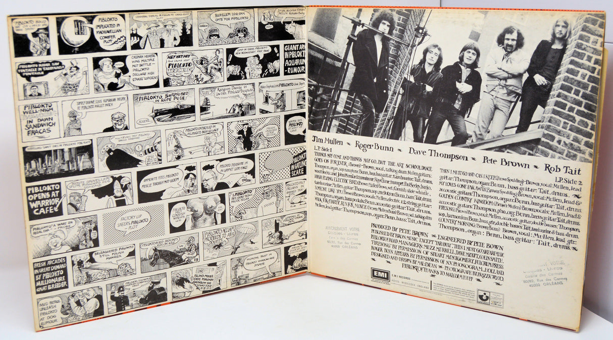 Opened vinyl gatefold of Pete Brown & Piblokto! album showing comic art and band members