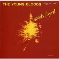 Album cover for 'The Young Bloods' by woods/byrd, featuring a textured red background with a yellow splatter graphic and yellow text.