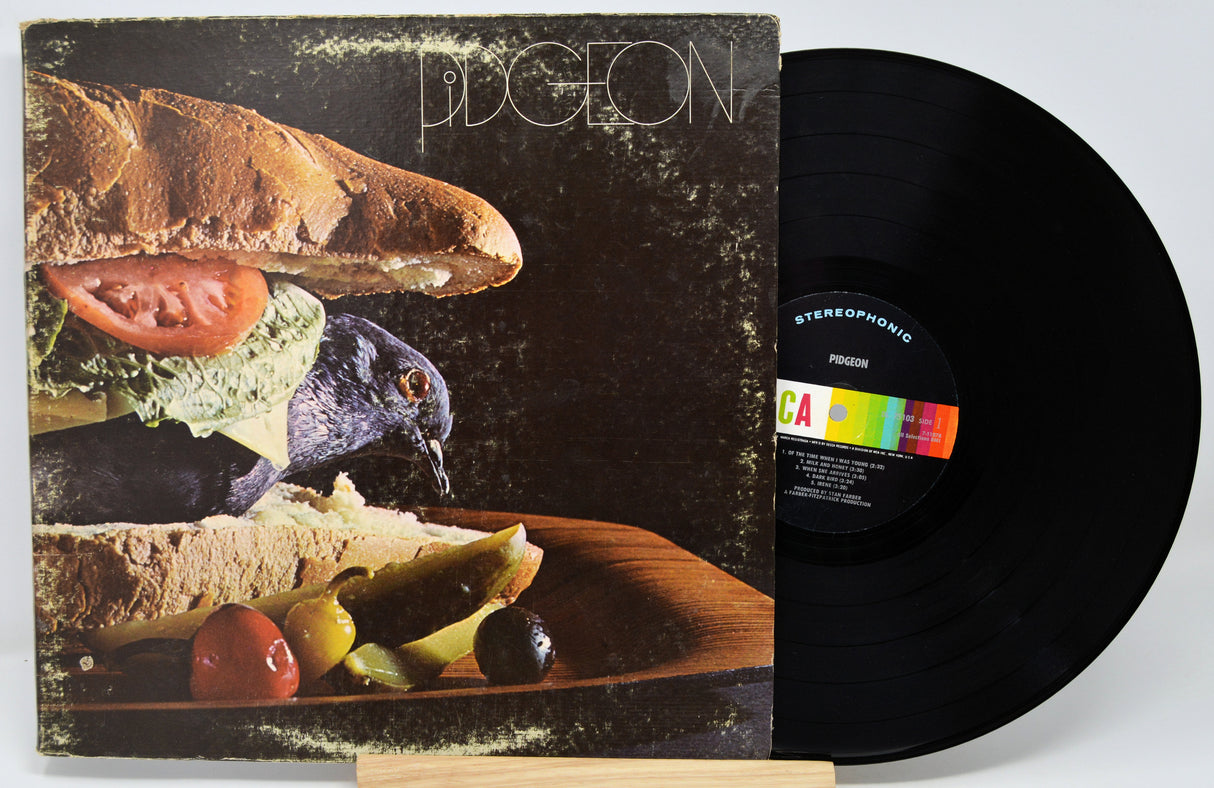 Vinyl record with a colorful label and a cover featuring food and a bird.