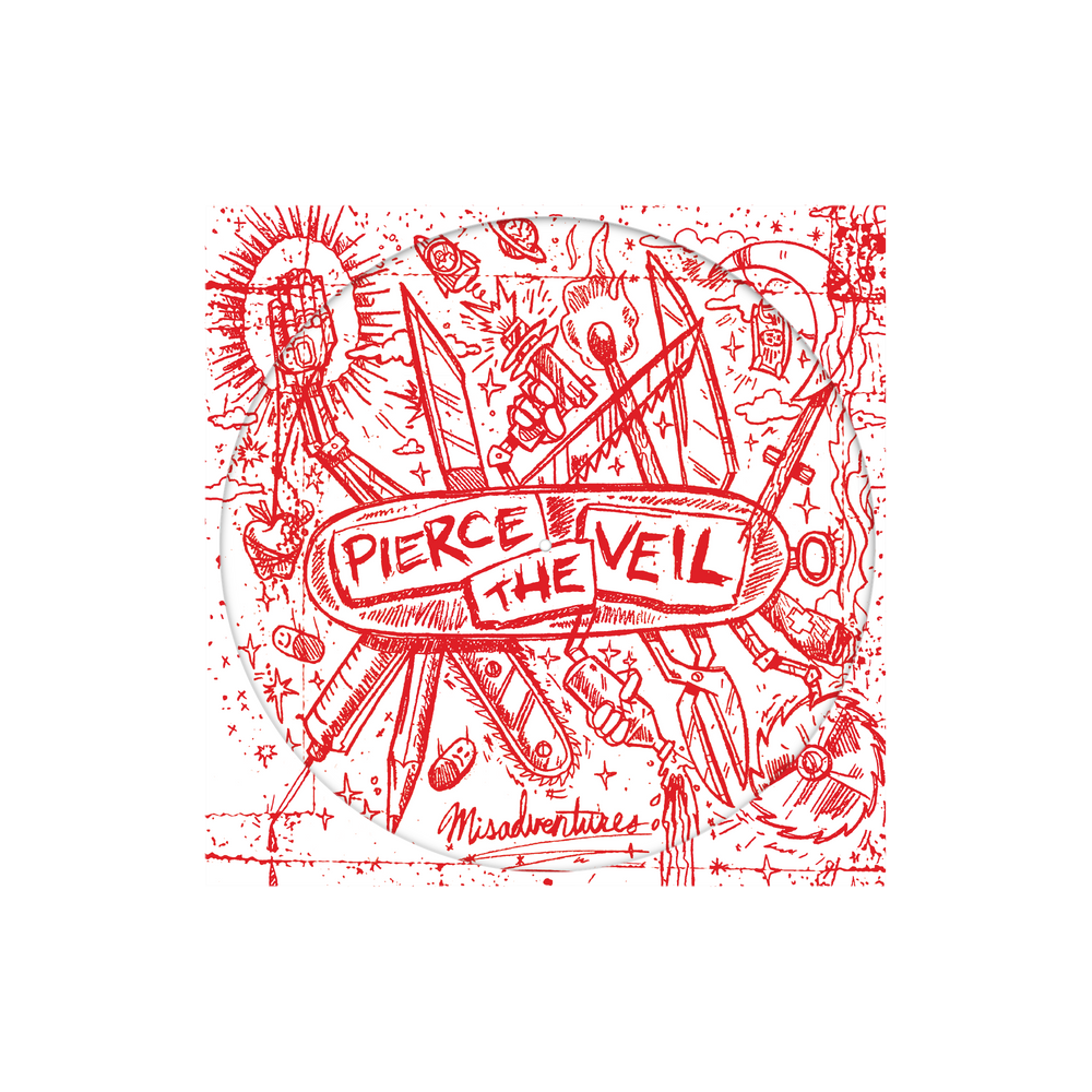 Pierce the Veil - Misadventures album cover art featuring red hand-drawn sketch illustrations on a white background.