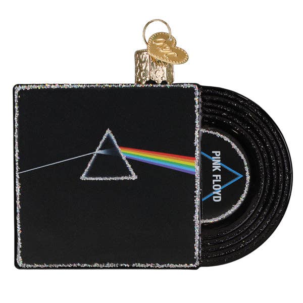 Pink Floyd Dark Side of the Moon record ornament hanging on a Christmas tree