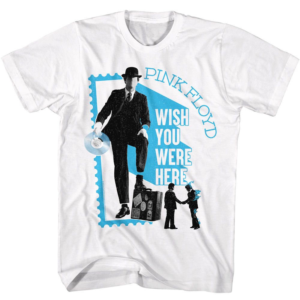 White t-shirt with Pink Floyd 'Wish You Were Here' graphic design on a white background
