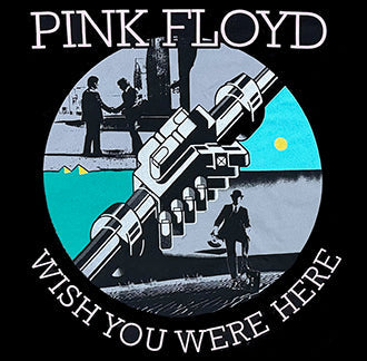 Pink Floyd Wish You Were Here album artwork graphic with iconic handshake scene and mechanical hands