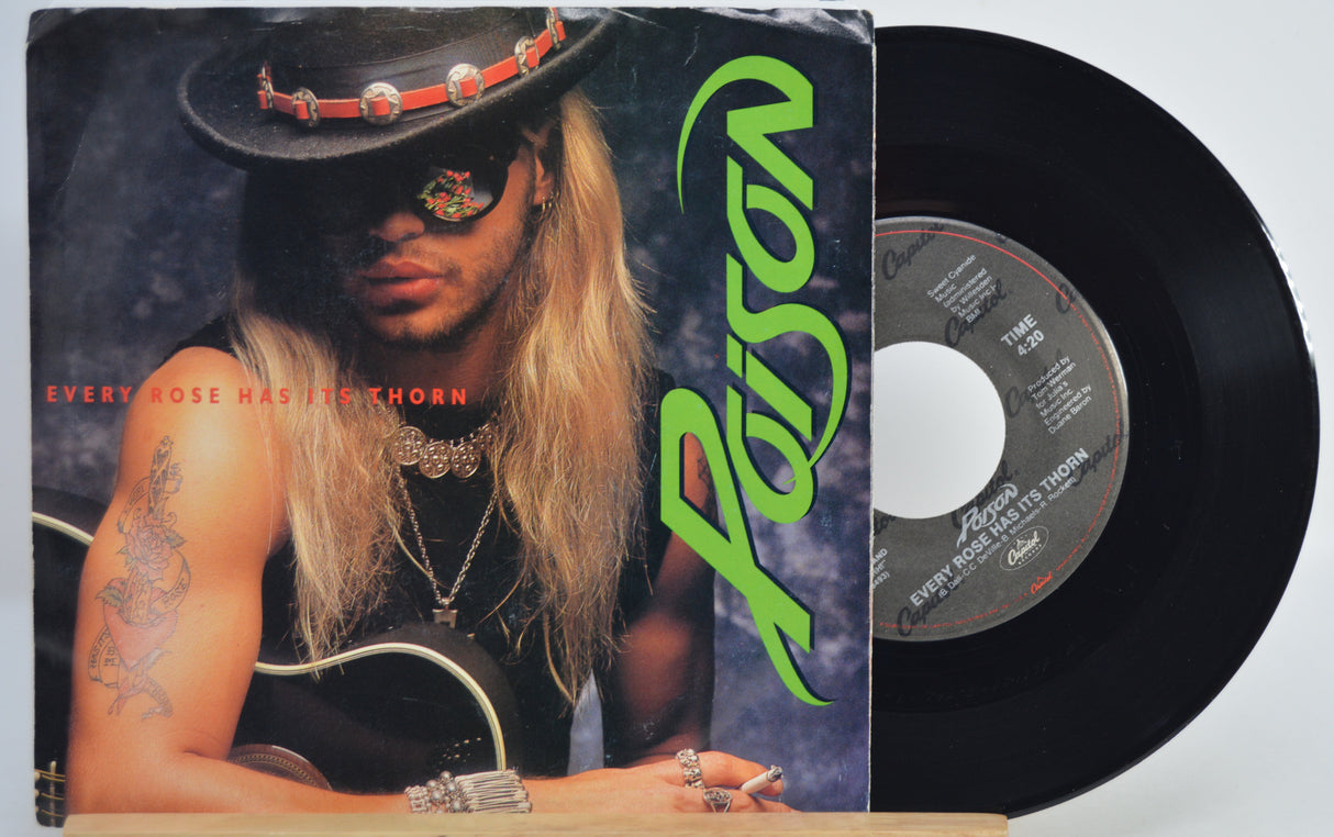 Poison 'Every Rose Has Its Thorn' Vinyl record with picture sleeve featuring a person with tattoos and a hat.
