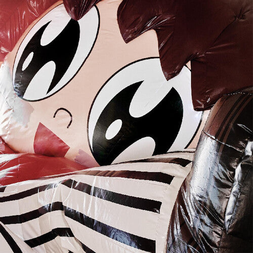 Cartoon character with large eyes and a striped outfit on a red background