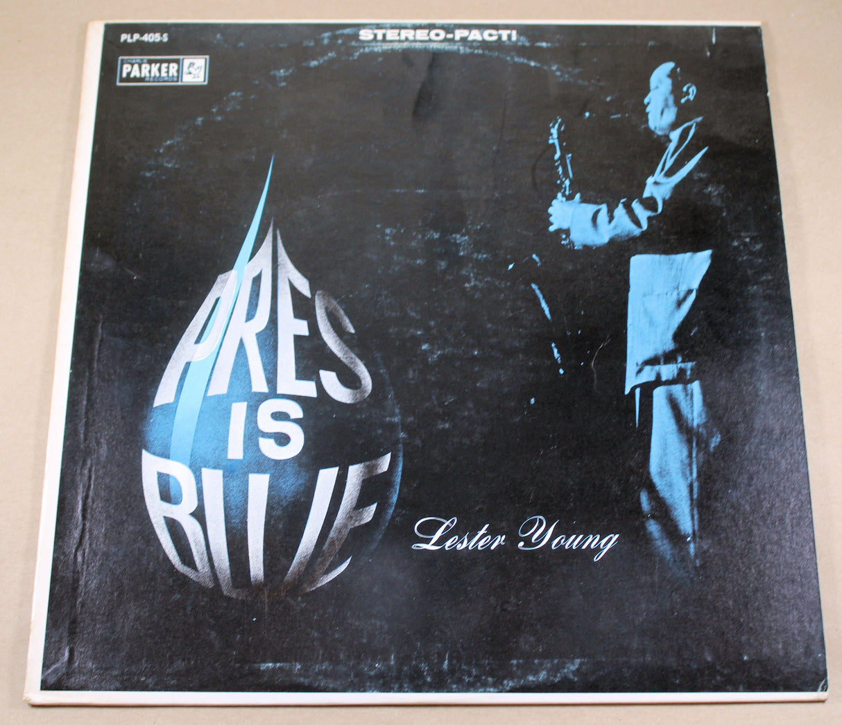 Front cover of 'Pres Is Blue' Lester Young vinyl with blue artwork and photo