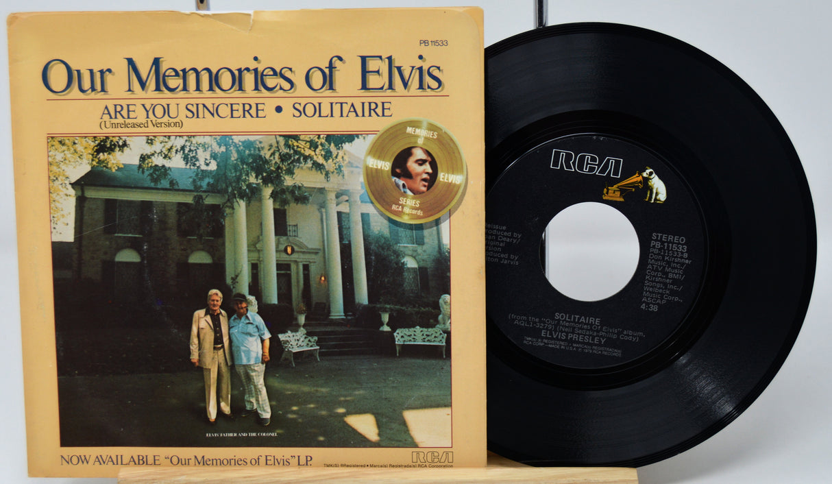Vinyl record and cover with 'Our Memories of Elvis' on a white background