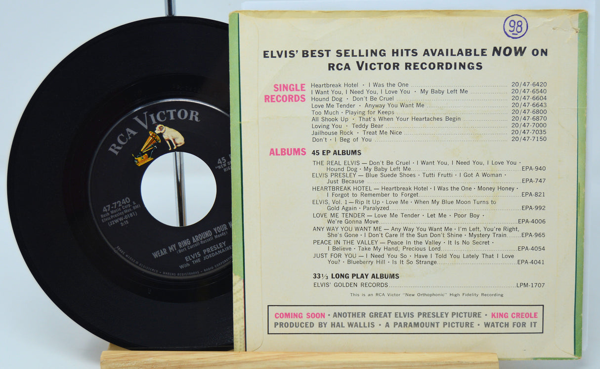 Vinyl record with RCA Victor sleeve listing Elvis Presley's hits on a light blue background