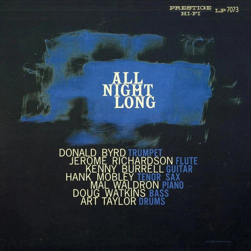 All Night Long album cover on Prestige LP, featuring a dark background with a large blue abstract shape and white and blue text listing the performers.