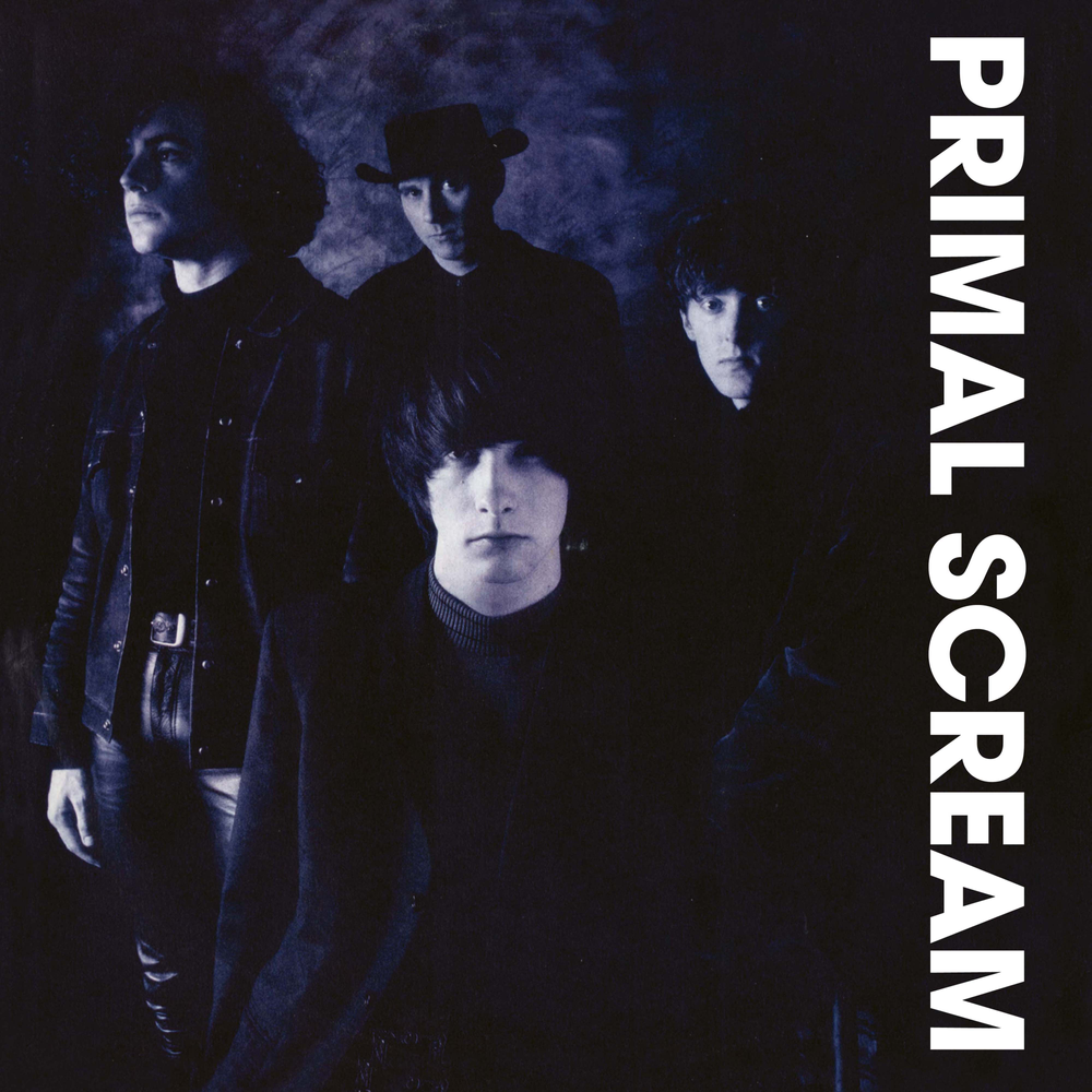 Black and white album cover of Primal Scream with band members and text.