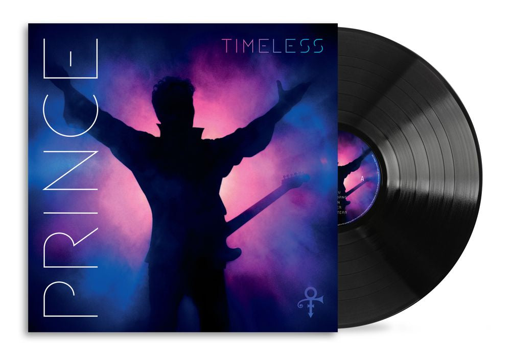 Vinyl record with 'Prince Timeless' cover featuring a silhouette of a person with arms outstretched against a purple and blue gradient.