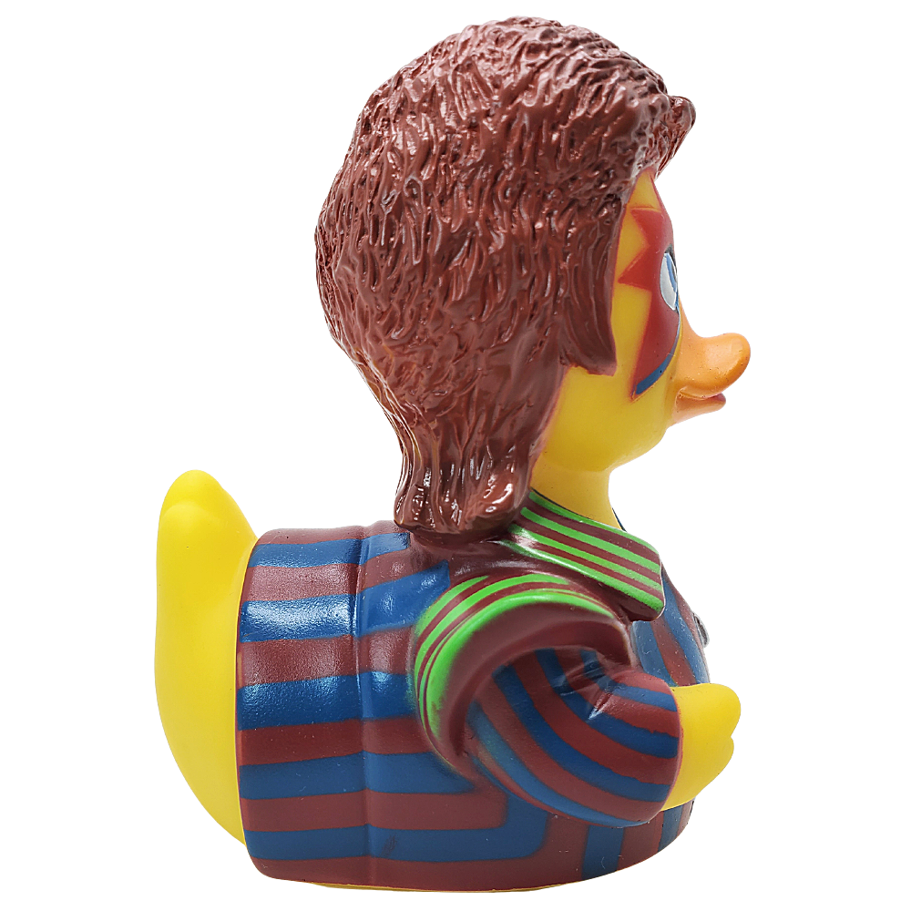 Profile view of Ziggy Starduck duck with detailed red hair and green-striped collar