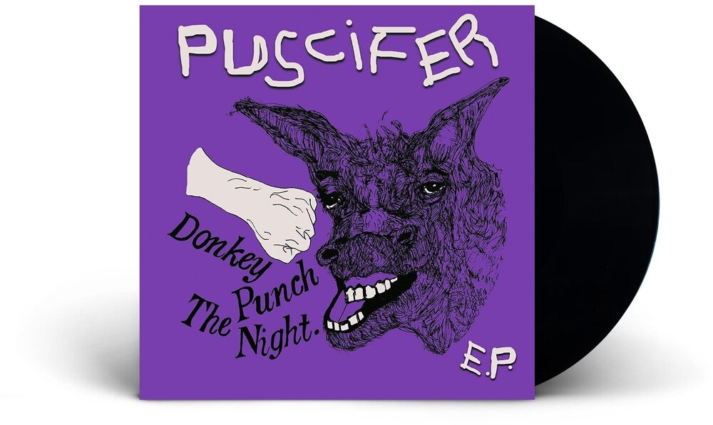 Vinyl record with a purple cover featuring a donkey and text, on a white background.