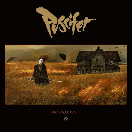 Album cover with a person holding a sword in a field, a house in the background, and the title 'Puscifer' at the top.
