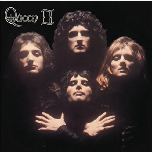 Album cover of 'Queen II' featuring four band members with a dark background.