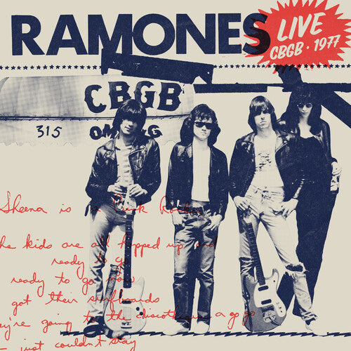 Ramones live album cover featuring the band posing outside CBGB in 1977