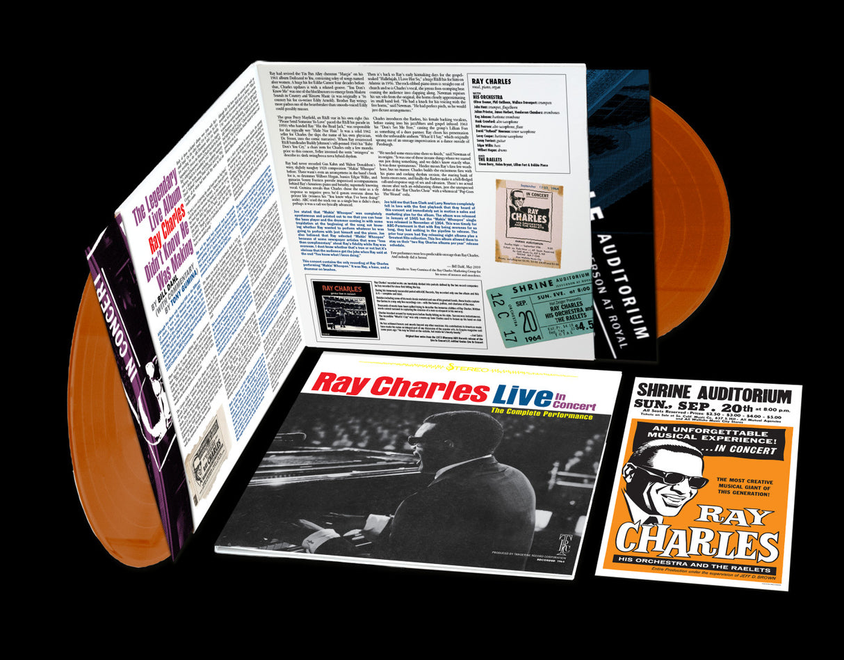 Vinyl record set with a gatefold cover featuring text and images, including a concert poster for Ray Charles.