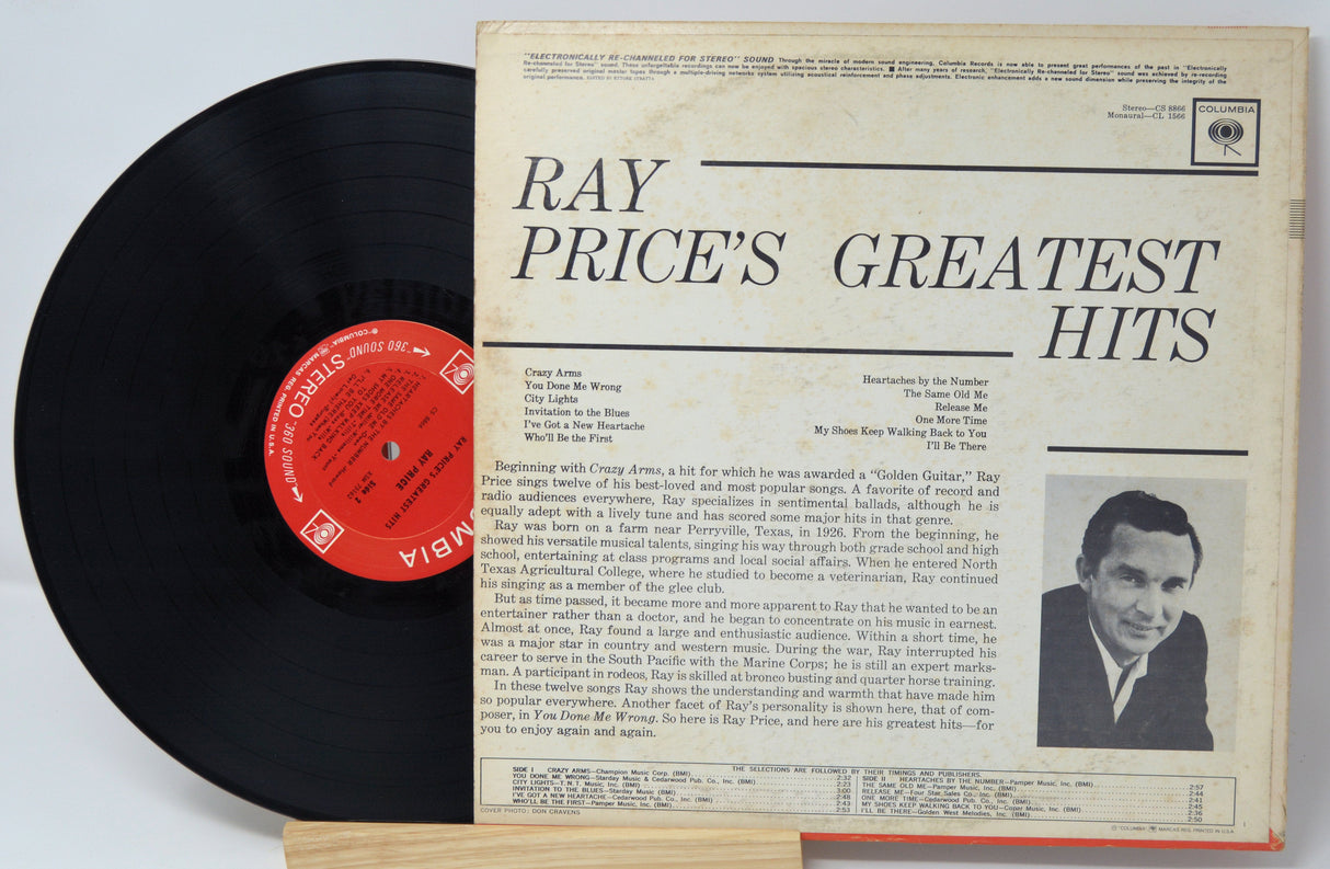 Back cover of Ray Price's Greatest Hits vinyl record with song list and black-and-white photo