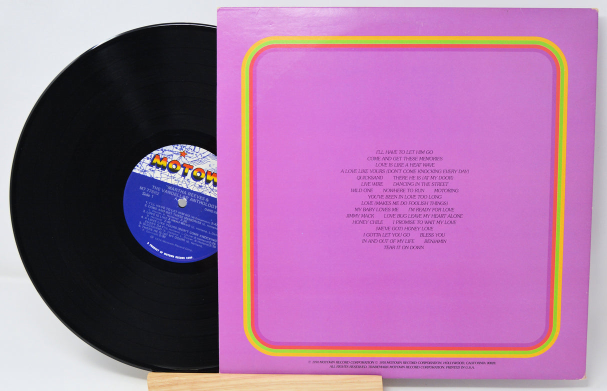 Vinyl record with a pink cover and blue label on a white background