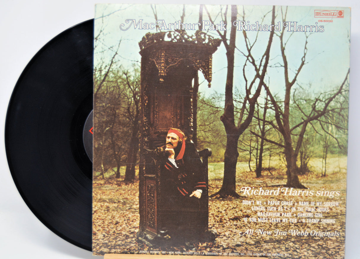 'Richard Harris A Tramp Shining' Vinyl record with a cover featuring a person in a robe sitting on a stone structure in a forest.