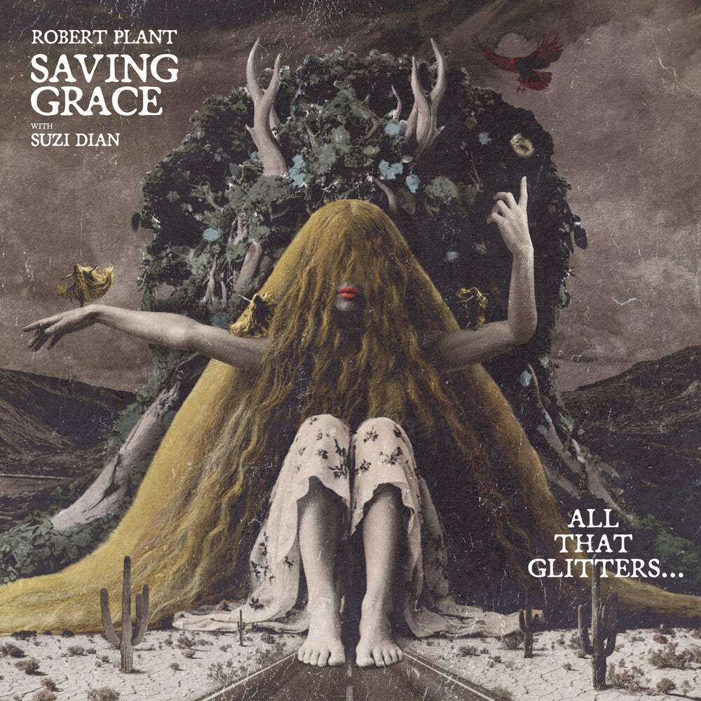 Album cover with a person with long hair and antlers, surrounded by nature elements, with text 'Saving Grace' and 'All That Glitters'.