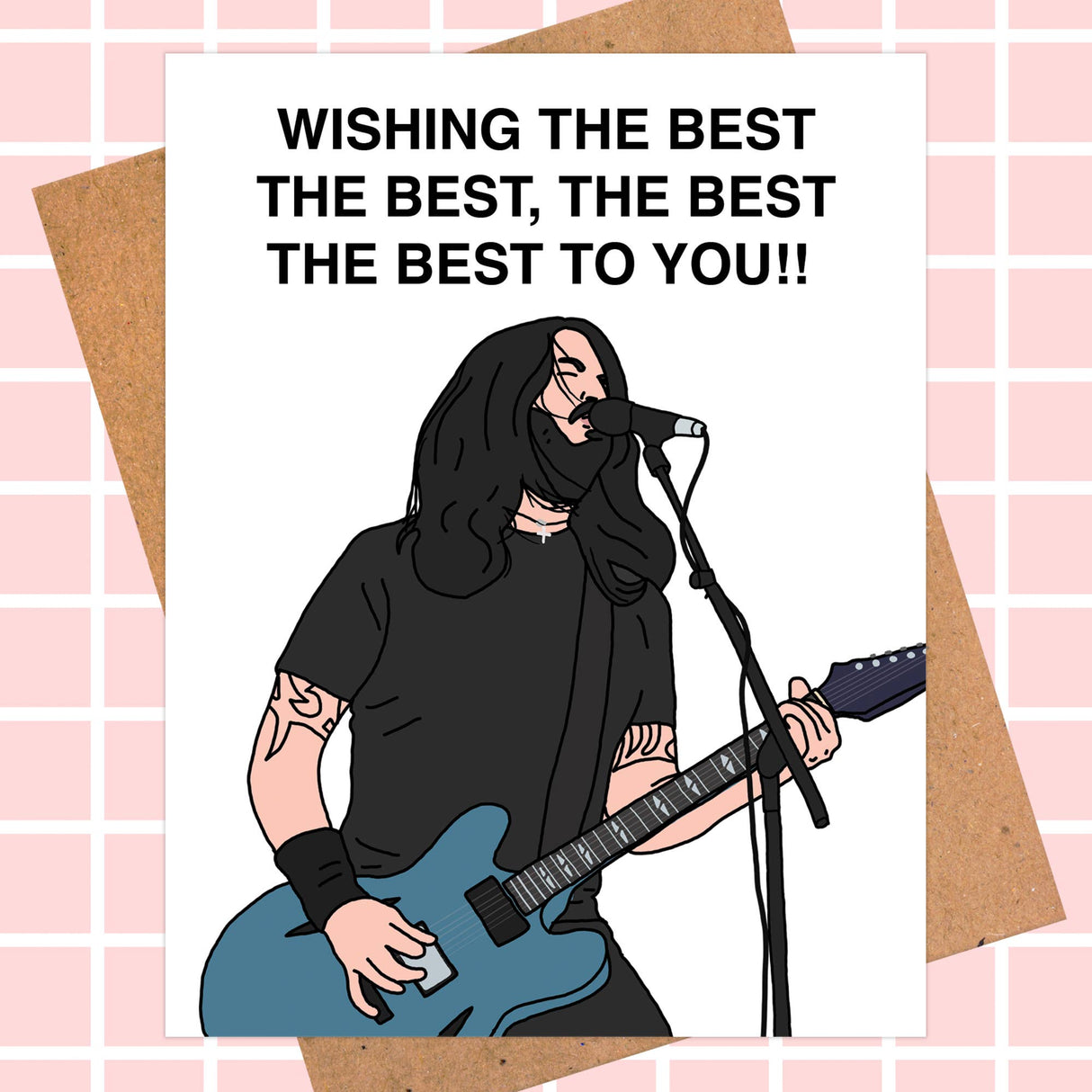 Greeting card featuring an illustrated rock musician playing guitar with 'Wishing the Best' message