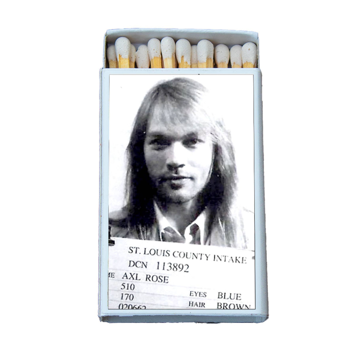 Matchbox featuring a vintage black and white mugshot of a long-haired man