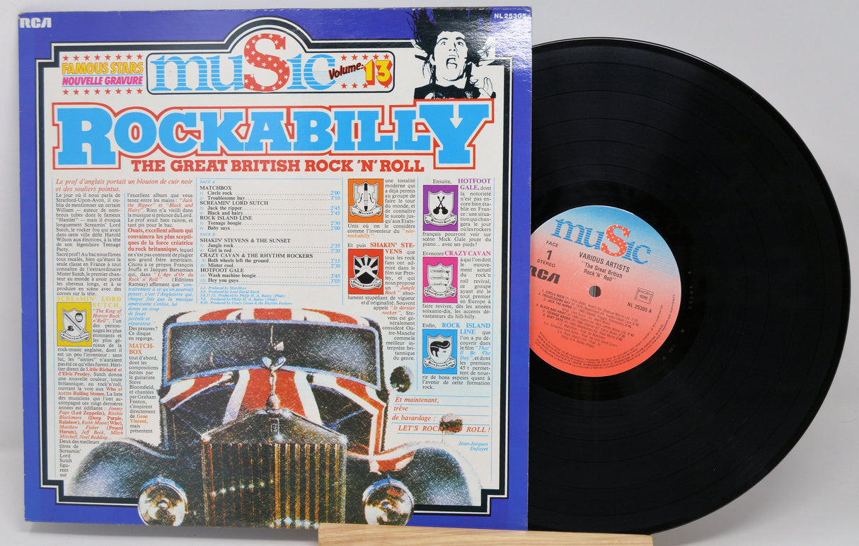 Front cover and vinyl record of Rockabilly: The Great British Rock 'N' Roll album with artwork featuring a classic car