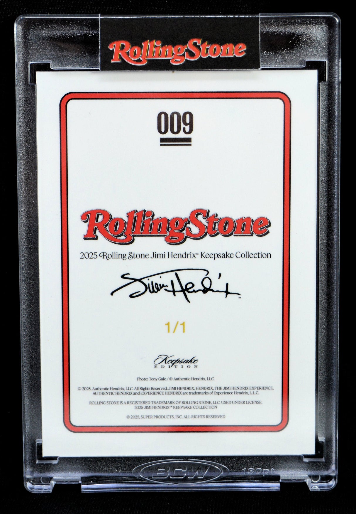 Reverse side of 2025 Rolling Stone Jimi Hendrix Keepsake 1/1 collectible card with signature details