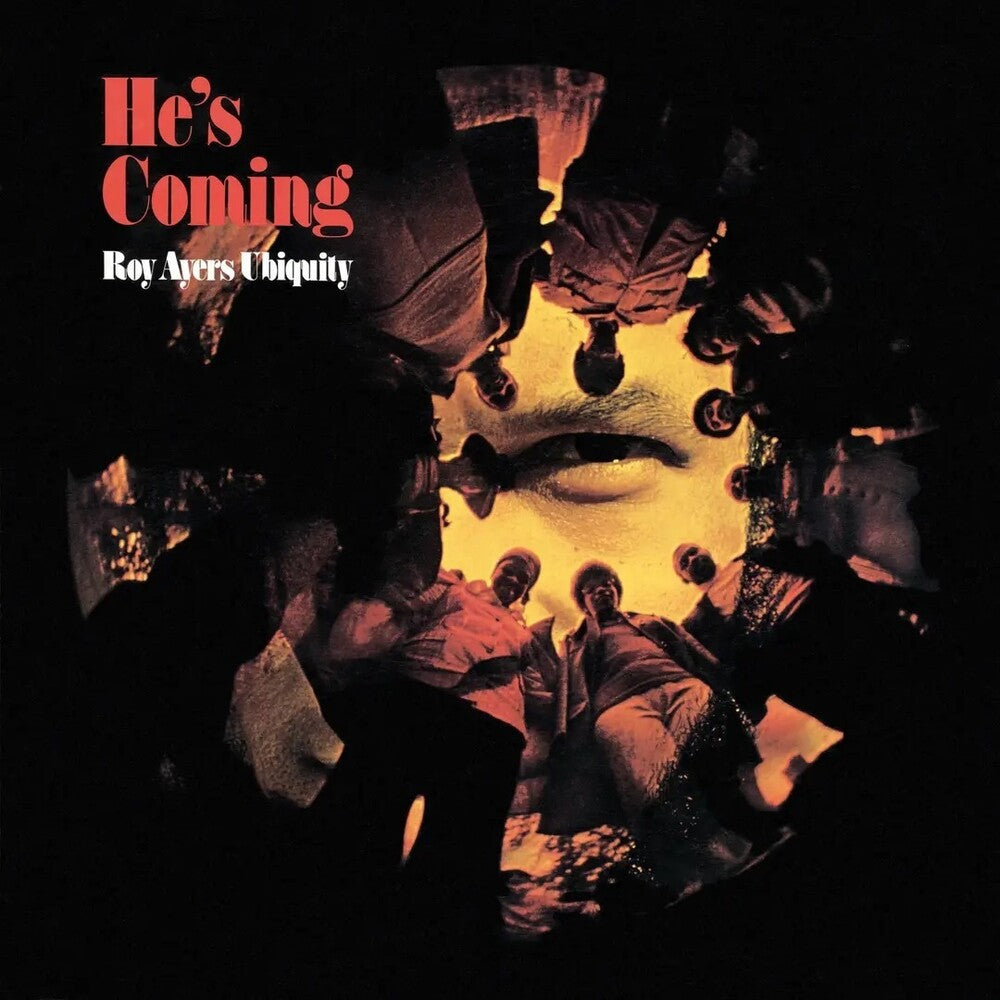 Album cover for 'He's Coming' by Roy Ayers Ubiquity with a central face and mirrored images.