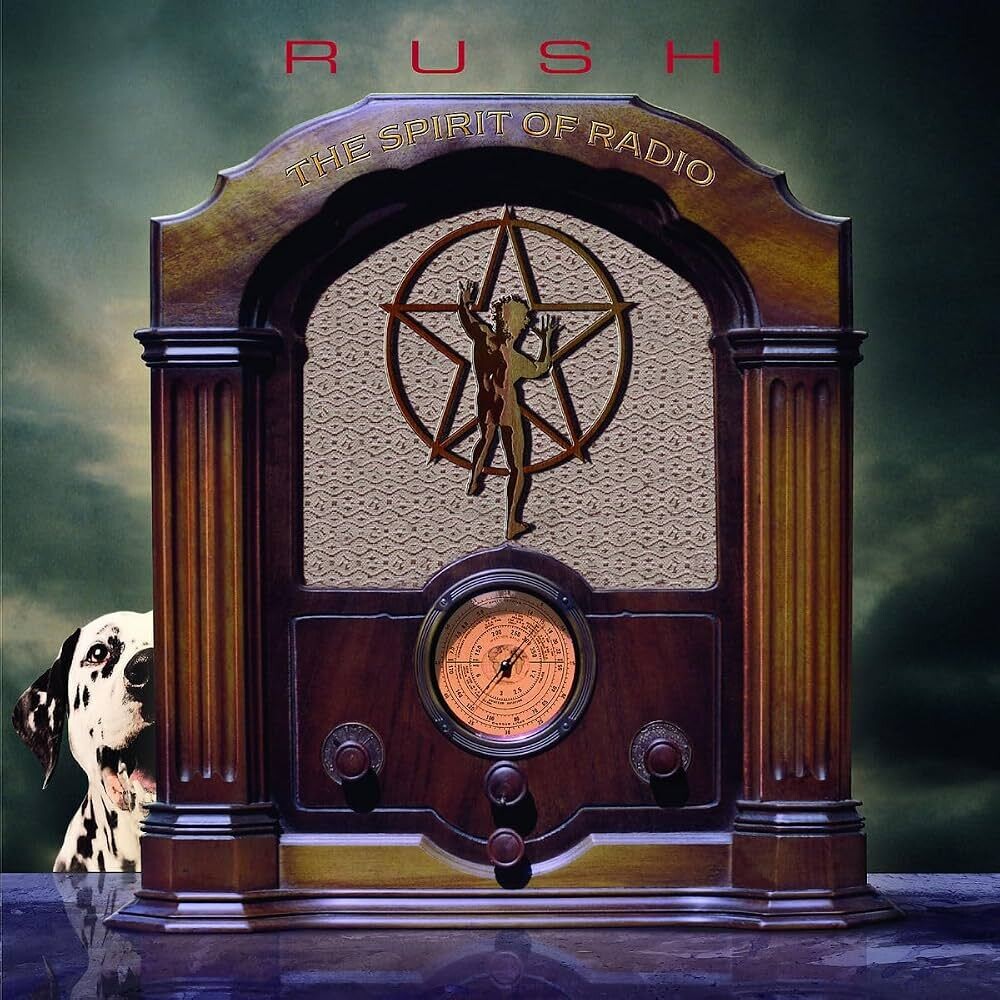 Album cover art for Rush's 'The Spirit of Radio', featuring a large vintage wooden radio with a gold pentagram and figure cutout on the front, a Dalmatian peeking from the lower left, and the band name 'RUSH' in red at the top.