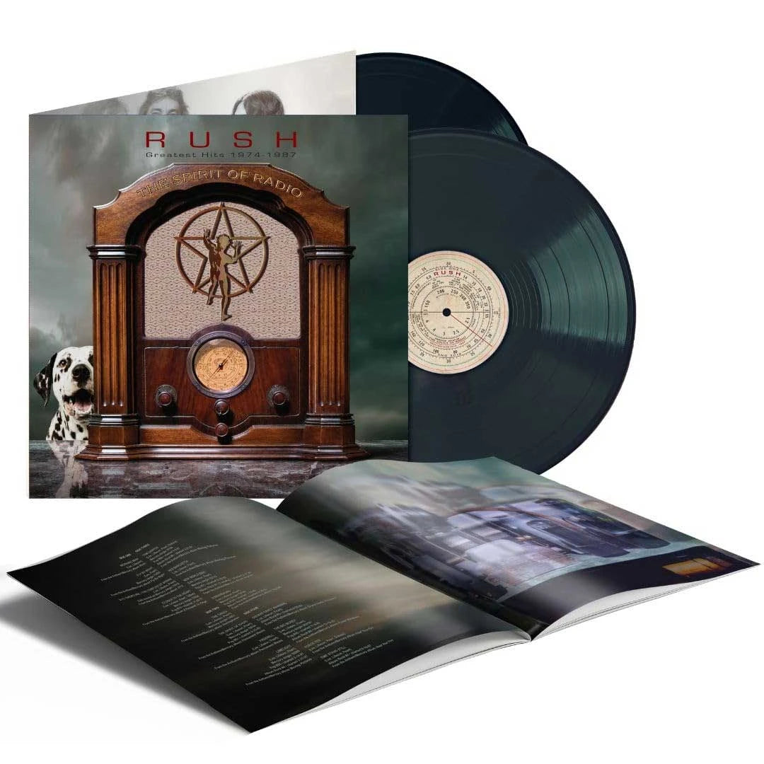 Vinyl record album set for Rush - Theele of Radii, featuring the illustrated album cover, two dark green vinyl records partially pulled from the sleeve, and an open printed booklet on a white background.