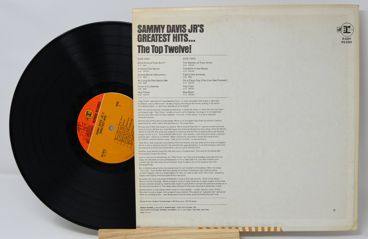 Back cover and vinyl record of Sammy Davis Jr.'s Greatest Hits album with tracklist