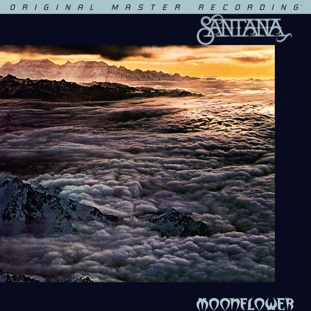 The image displays the cover of the Santana album 'Moonflower' with a scenic view of clouds over a mountain range at either sunrise or sunset.