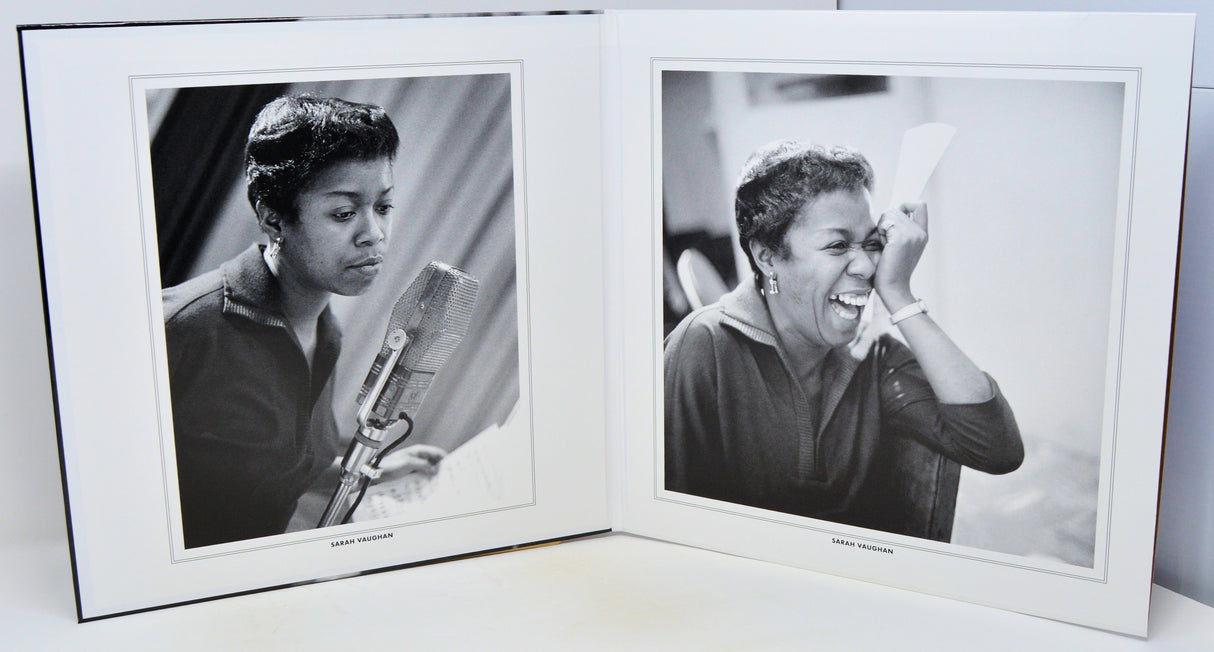 A black and white photographic art print displayed in an open white matted frame, showing two portrait photographs of a woman in different moments.