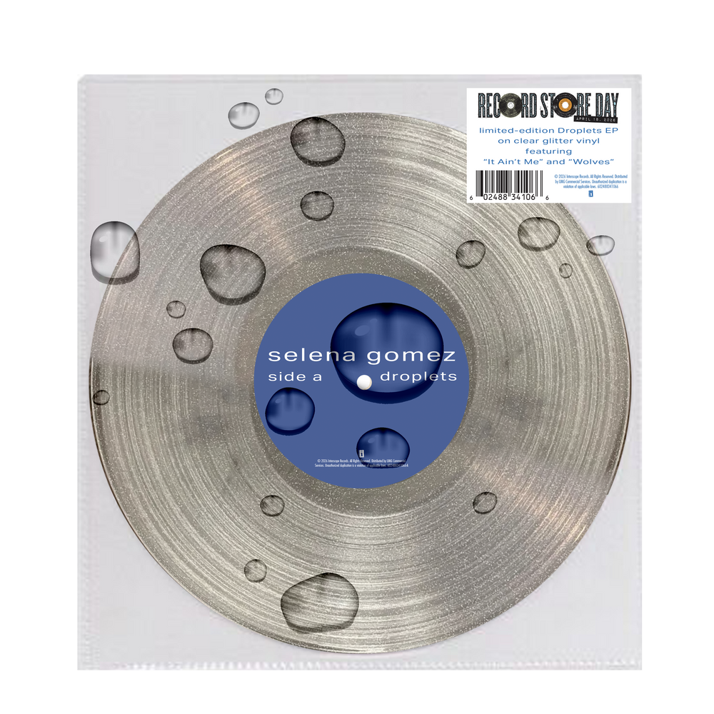Vinyl record with a blue label featuring 'selena gomez' 'Droplets' on a white background