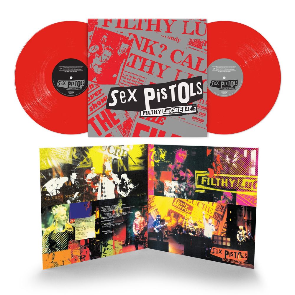 Sex Pistols 'Filthy Lucre Live' vinyl record album shown with two red records, a gray patterned outer sleeve, and an opened inner sleeve displaying multicolor concert imagery on a white background.