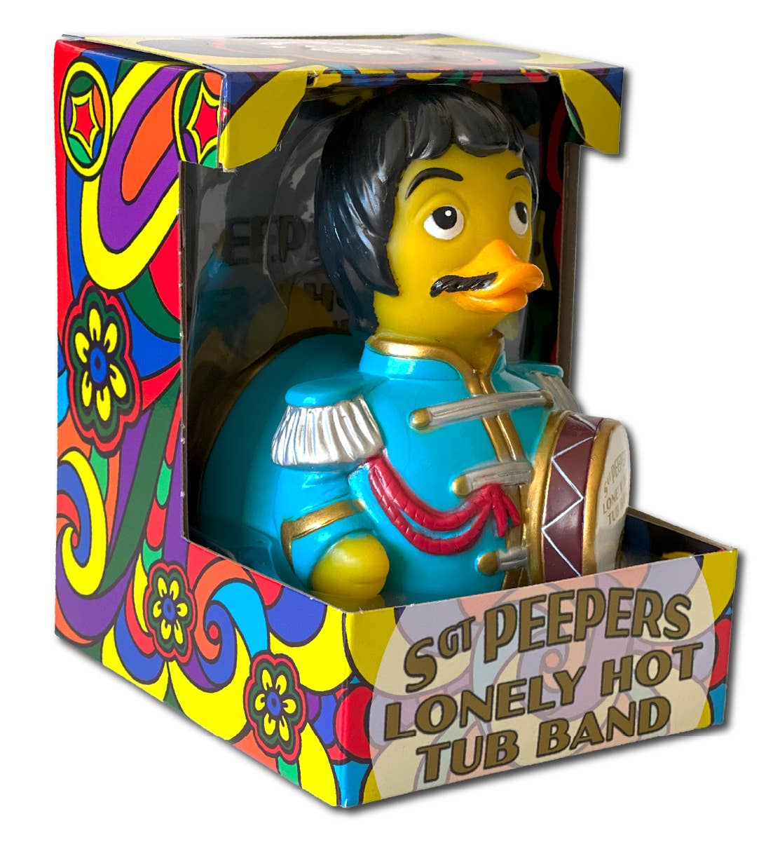 Sgt Peepers Lonely Hot Tub Band rubber duck collectible in box with vibrant flower pattern